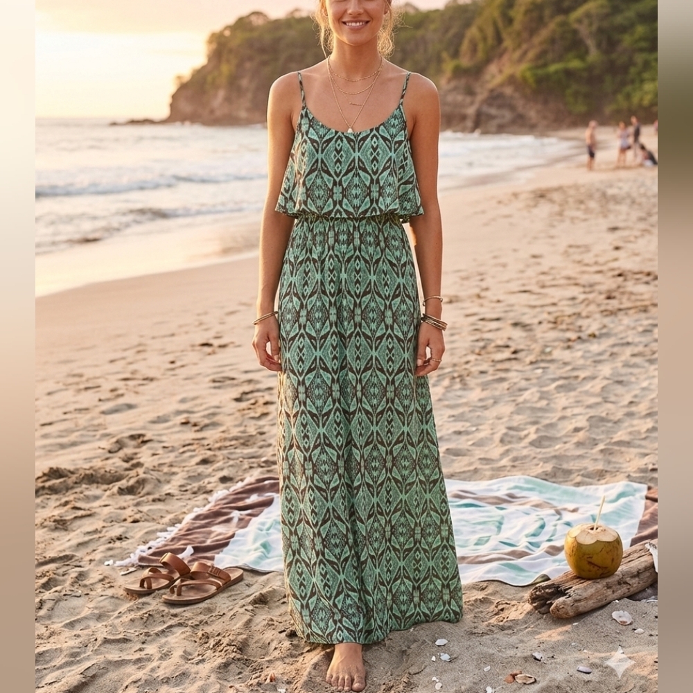 Napua Collection Green Tribal Print Maxi Dress Women’s S/M Boho Sundress